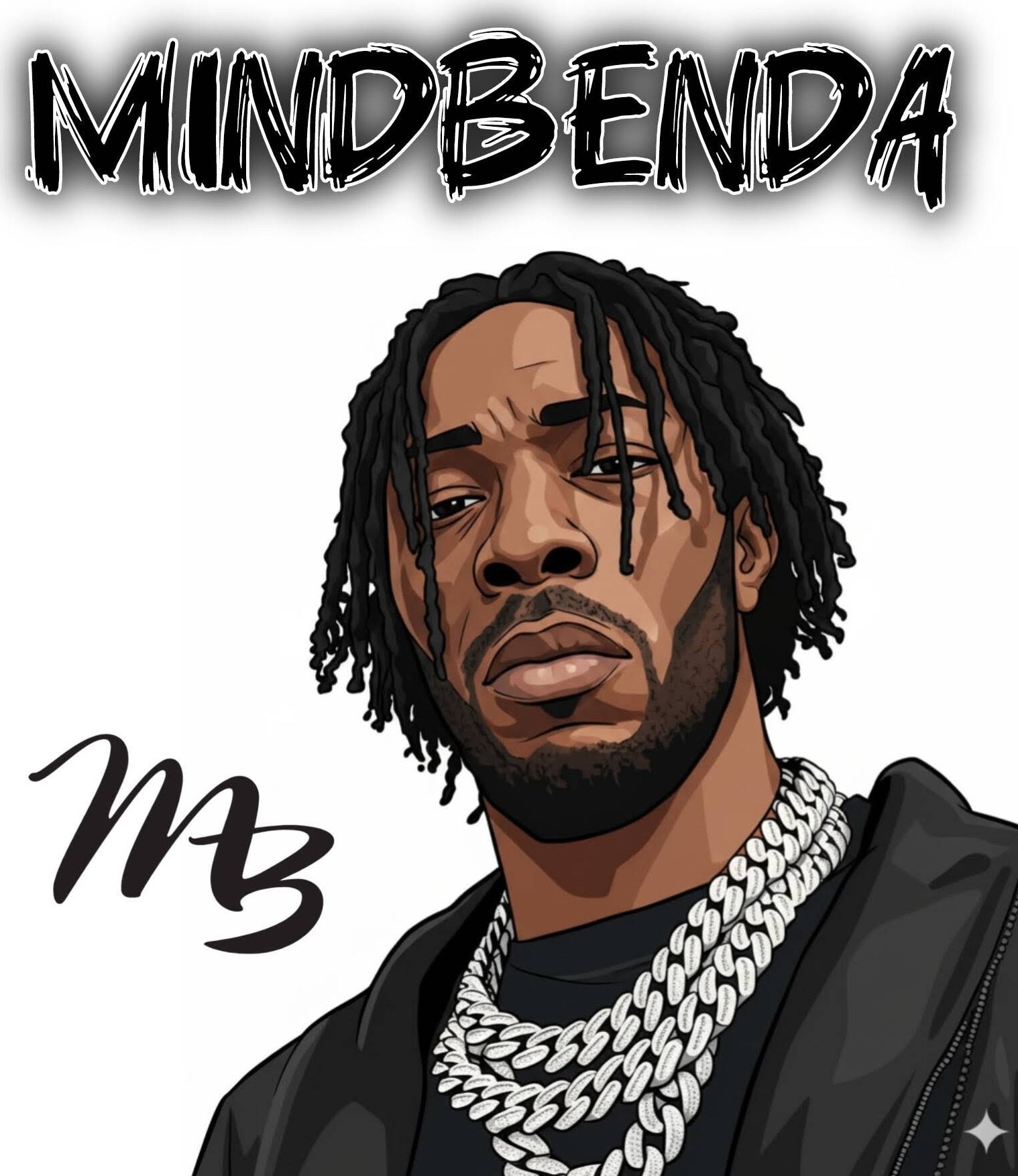 Vector-style portrait illustration of MINDBENDA with the MINDBENDA wordmark
