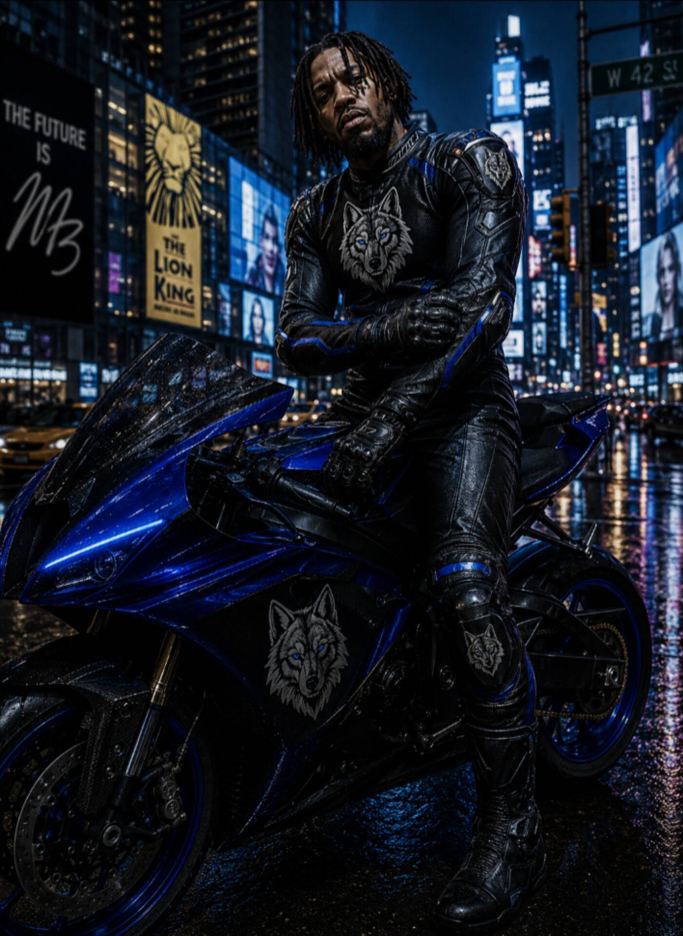 MINDBENDA in a black and blue leather motorcycle suit with wolf emblem in Times Square